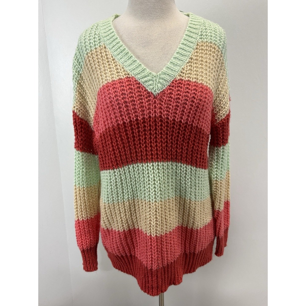 NEW! Torrid Striped Tunic Sweater Sz 00 M L Women's Knit Rainbow Vneck